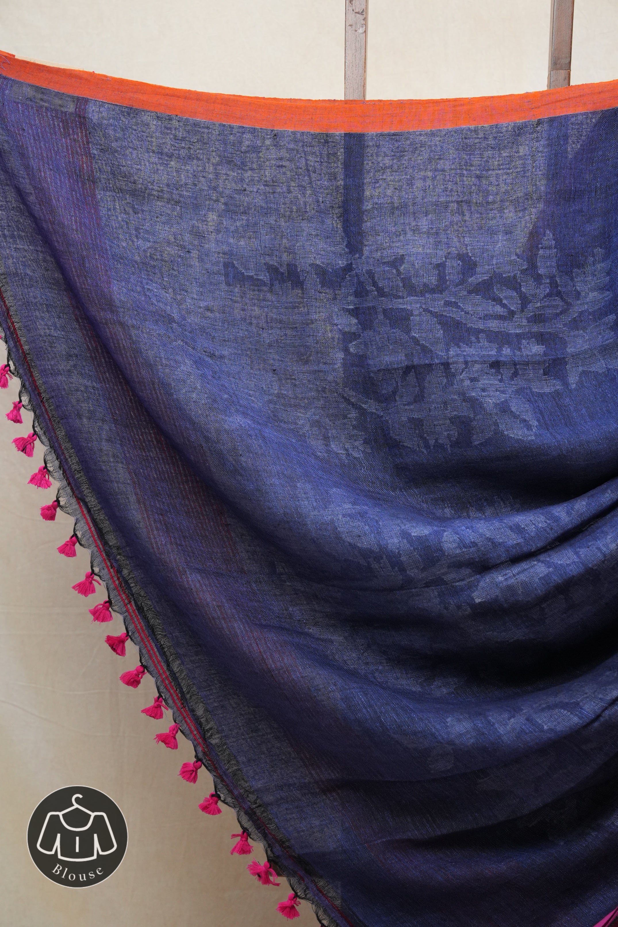 Blue Linen Jamdani Saree With Rani Color Tassels - SRBLJS408