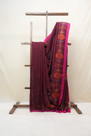 Magenta Linen Jamdani Saree With Pink Color Tassels - SRMLJS421