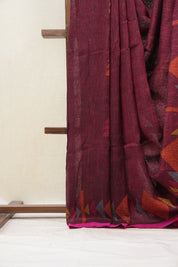 Magenta Linen Jamdani Saree With Pink Color Tassels - SRMLJS421