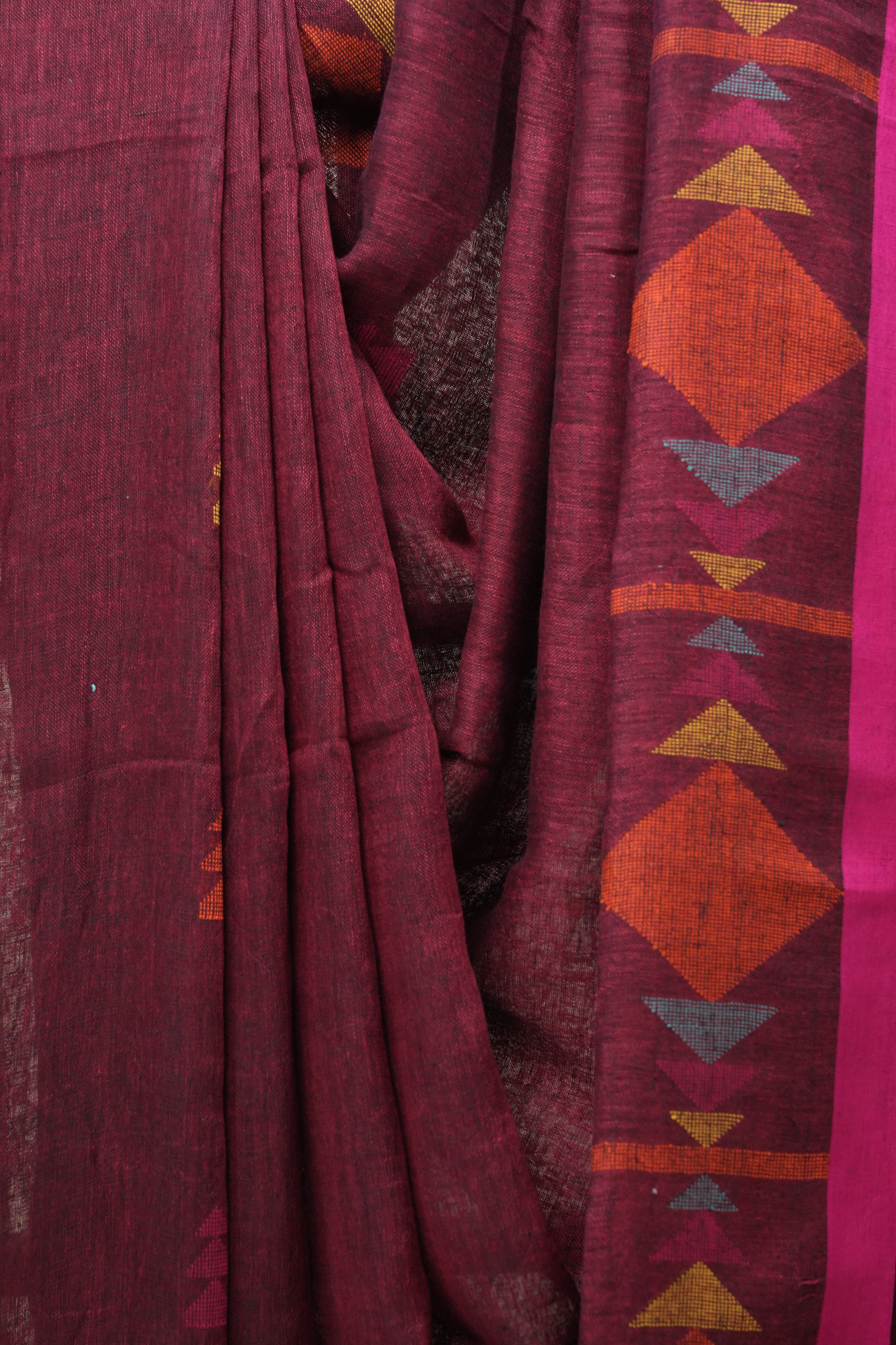 Magenta Linen Jamdani Saree With Pink Color Tassels - SRMLJS421