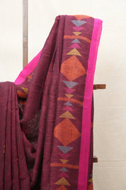 Magenta Linen Jamdani Saree With Pink Color Tassels - SRMLJS421
