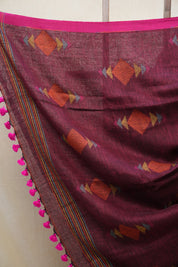 Magenta Linen Jamdani Saree With Pink Color Tassels - SRMLJS421