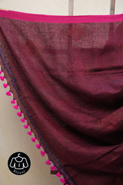 Magenta Linen Jamdani Saree With Pink Color Tassels - SRMLJS421