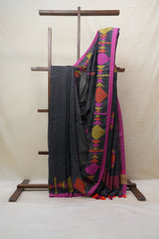 Grey Linen Jamdani Saree With Multi Color Tassels - SRGLJS418