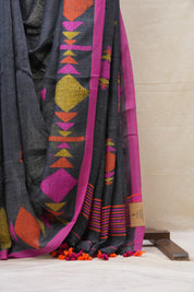 Grey Linen Jamdani Saree With Multi Color Tassels - SRGLJS418
