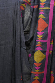 Grey Linen Jamdani Saree With Multi Color Tassels - SRGLJS418