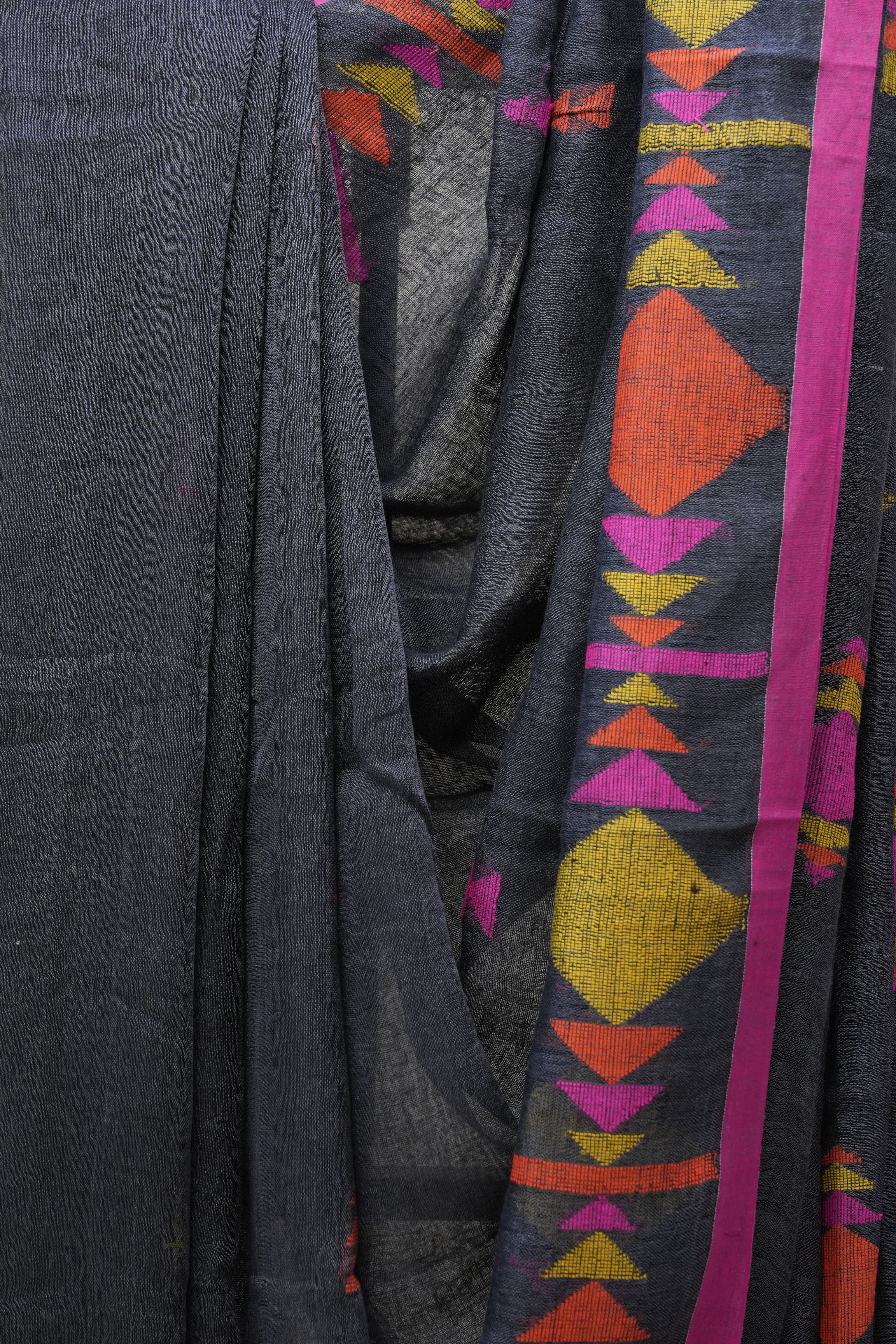 Grey Linen Jamdani Saree With Multi Color Tassels - SRGLJS418