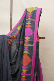 Grey Linen Jamdani Saree With Multi Color Tassels - SRGLJS418