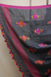 Grey Linen Jamdani Saree With Multi Color Tassels - SRGLJS418