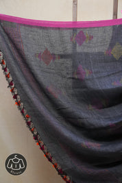 Grey Linen Jamdani Saree With Multi Color Tassels - SRGLJS418