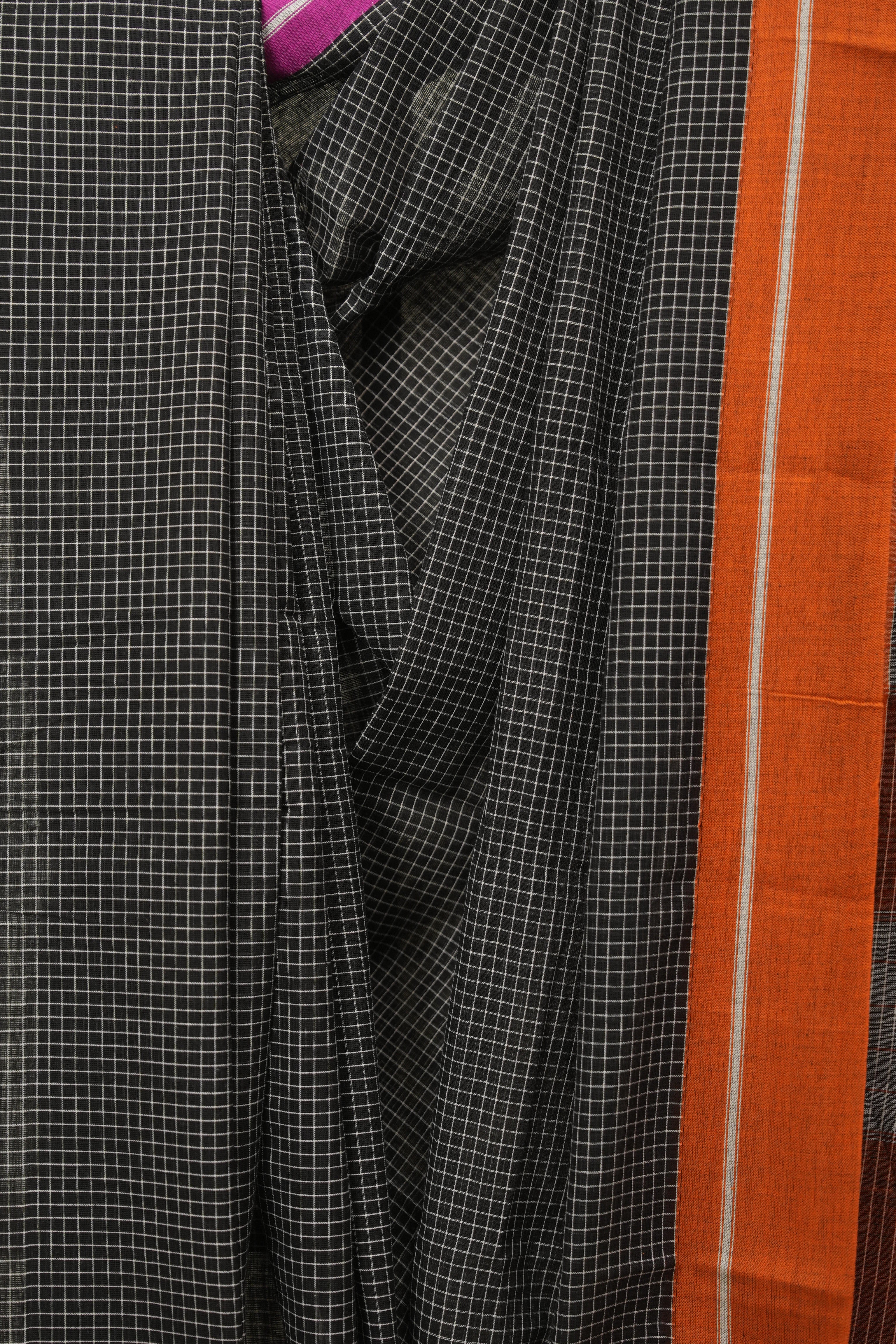 Black Big Checks Cotton Patteda Anchu Saree - SRBPAS190