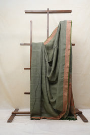 Olive Plain Linen Saree With Olive Tassels - SROPLS313