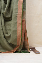 Olive Plain Linen Saree With Olive Tassels - SROPLS313