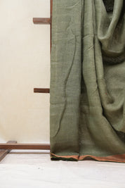Olive Plain Linen Saree With Olive Tassels - SROPLS313