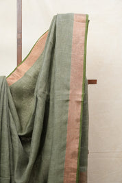 Olive Plain Linen Saree With Olive Tassels - SROPLS313