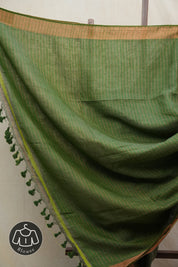 Olive Plain Linen Saree With Olive Tassels - SROPLS313