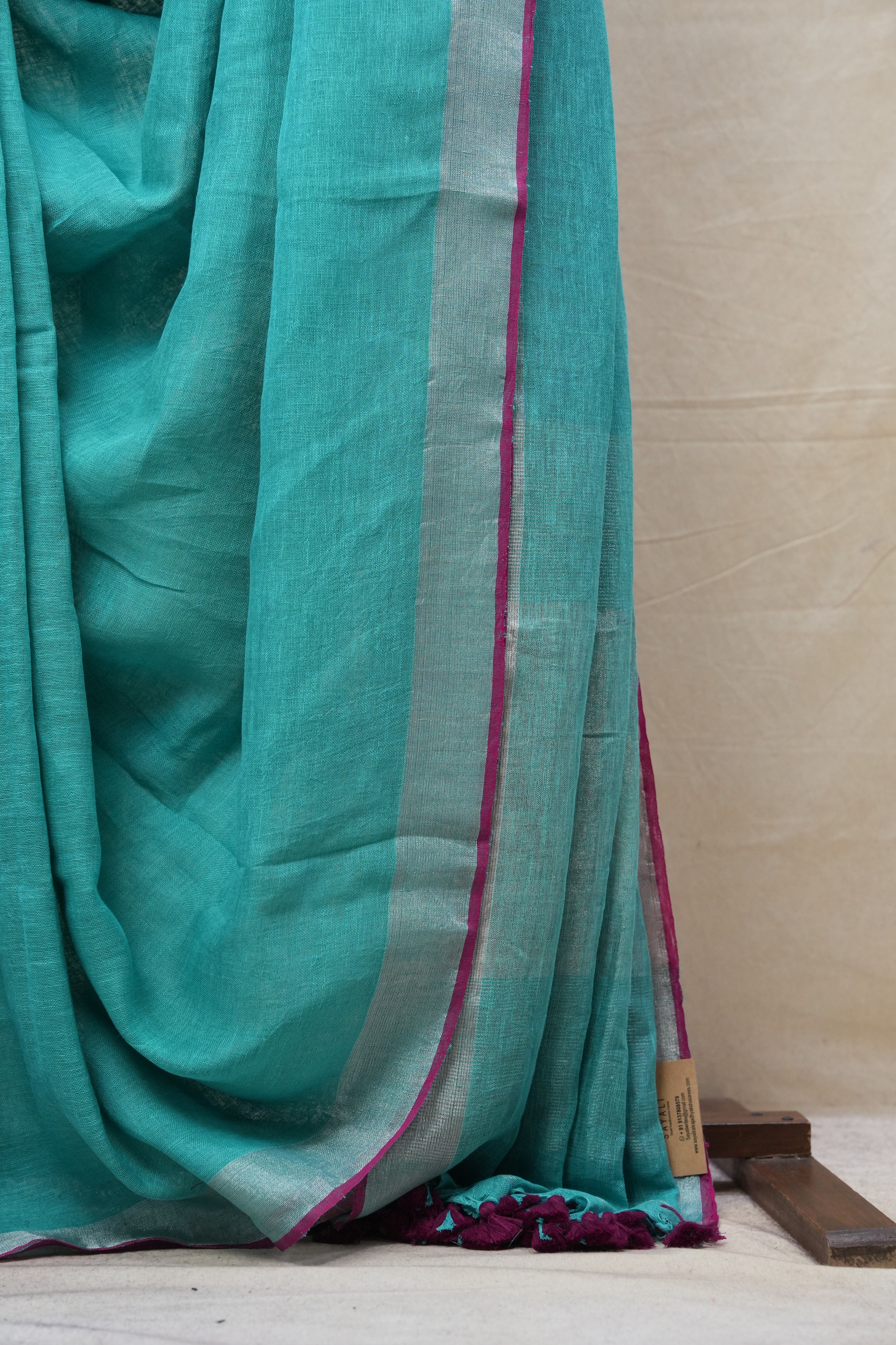 Sky Blue Plain Linen Saree With Magenta Tassels - SRSBPLS314