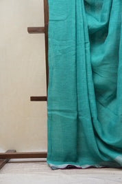 Sky Blue Plain Linen Saree With Magenta Tassels - SRSBPLS314