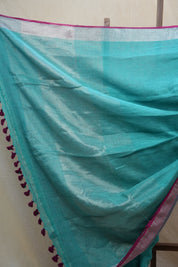 Sky Blue Plain Linen Saree With Magenta Tassels - SRSBPLS314