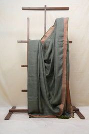 Green Plain Linen Saree With Olive Tassels - SRGPLS315