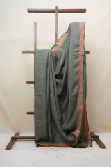 Green Plain Linen Saree With Olive Tassels - SRGPLS315