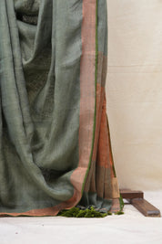 Green Plain Linen Saree With Olive Tassels - SRGPLS315