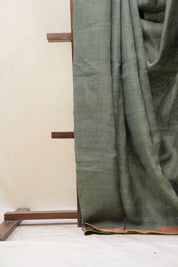 Green Plain Linen Saree With Olive Tassels - SRGPLS315