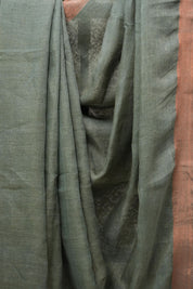 Green Plain Linen Saree With Olive Tassels - SRGPLS315