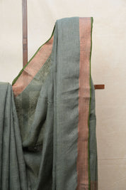 Green Plain Linen Saree With Olive Tassels - SRGPLS315