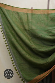 Green Plain Linen Saree With Olive Tassels - SRGPLS315