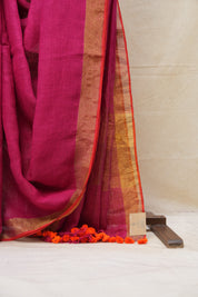 Pink Plain Linen Saree With Orange Tassels - SRPPLS328