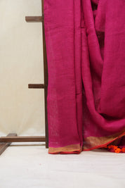 Pink Plain Linen Saree With Orange Tassels - SRPPLS328