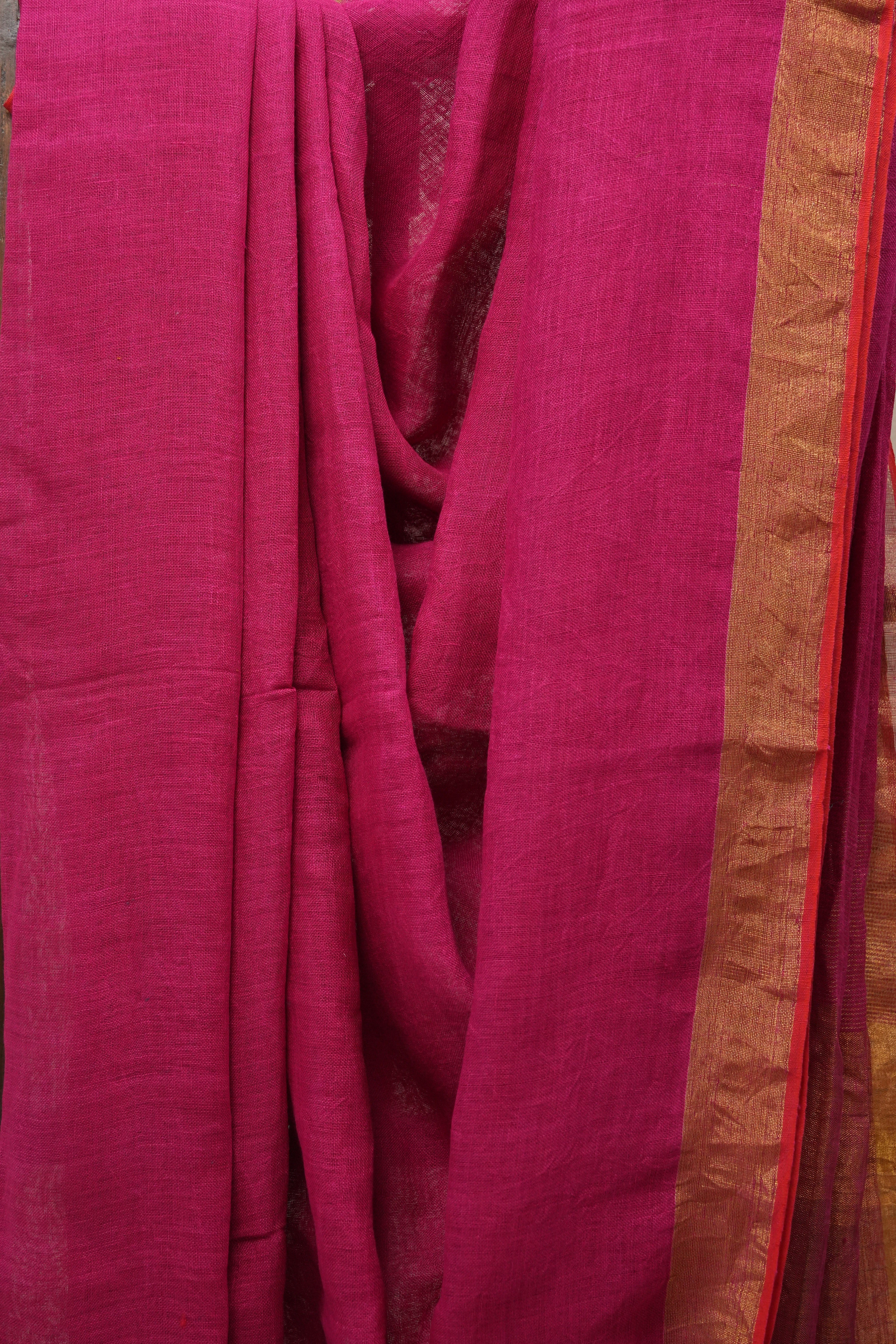 Pink Plain Linen Saree With Orange Tassels - SRPPLS328