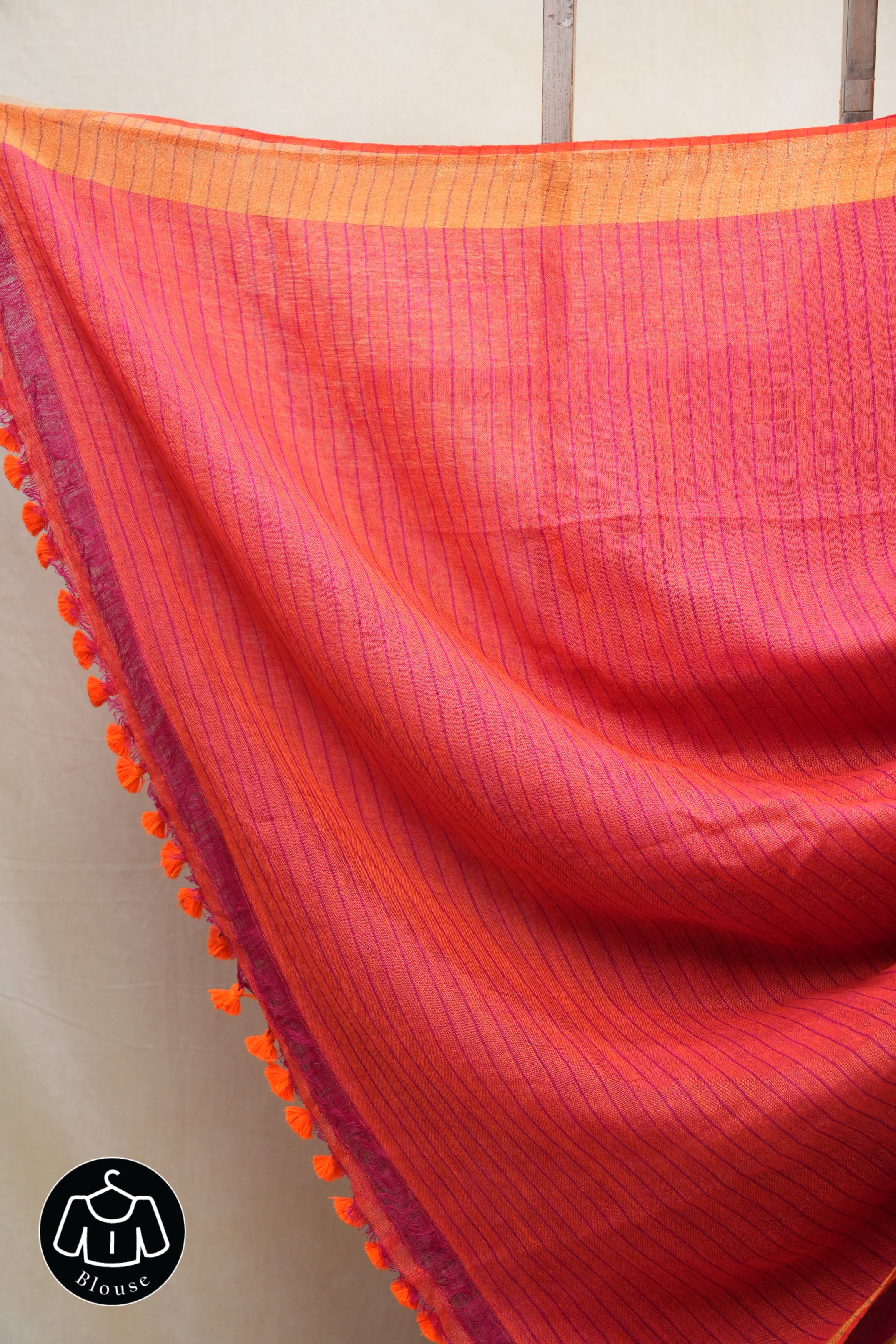 Pink Plain Linen Saree With Orange Tassels - SRPPLS328