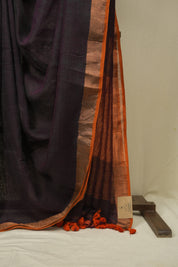 Wine Plain Linen Saree With Orange Tassels - SRWPLS525