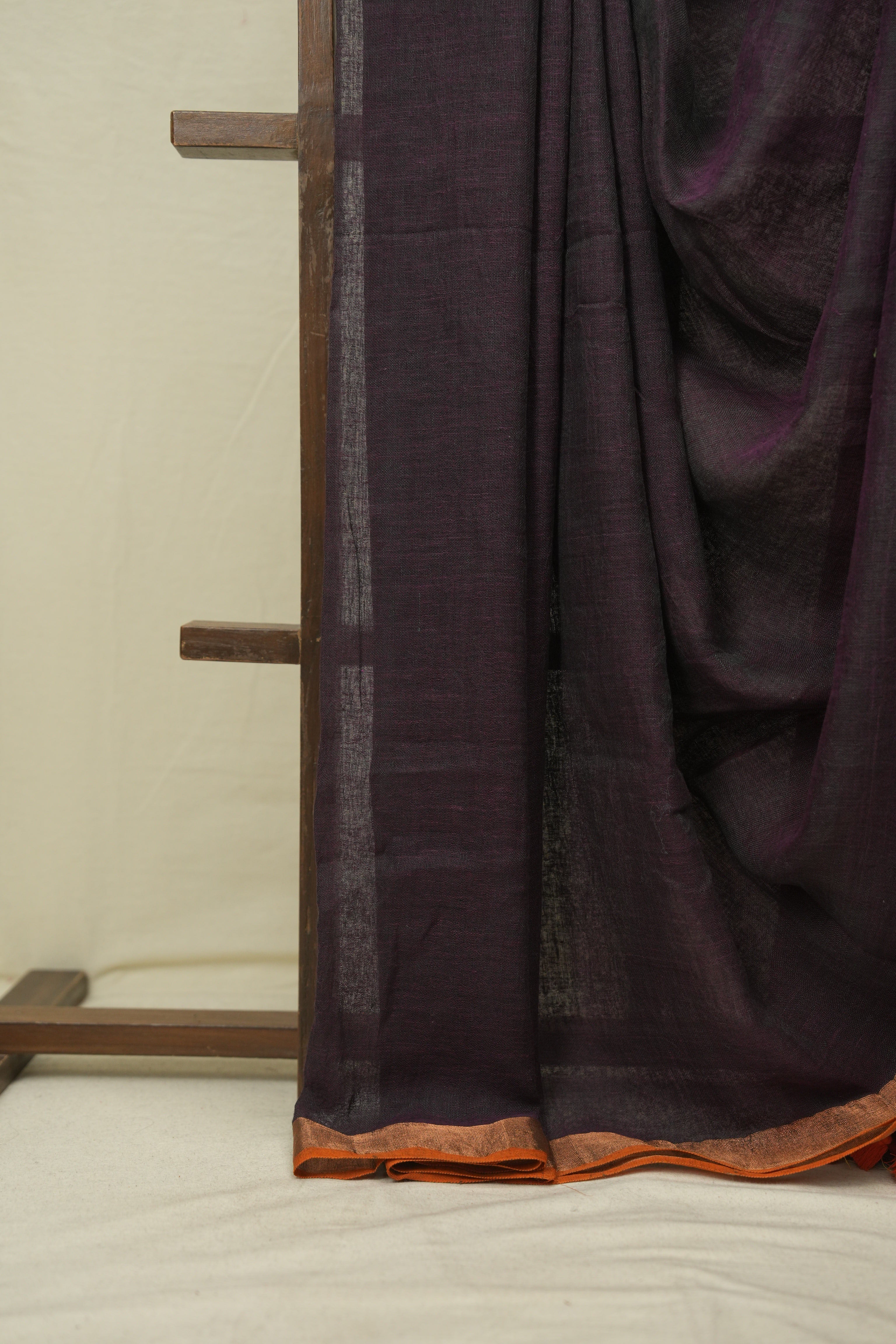 Wine Plain Linen Saree With Orange Tassels - SRWPLS525