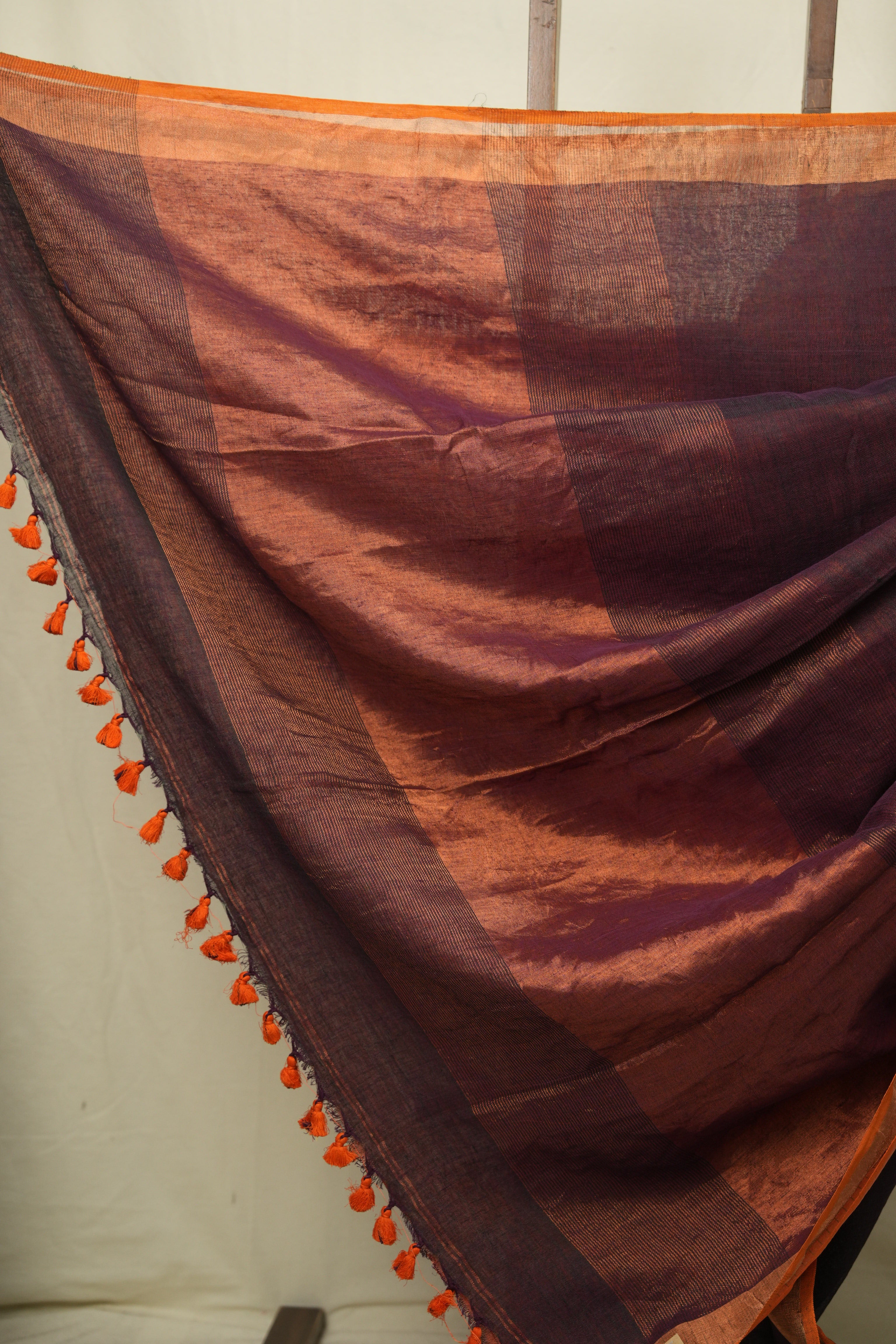 Wine Plain Linen Saree With Orange Tassels - SRWPLS525