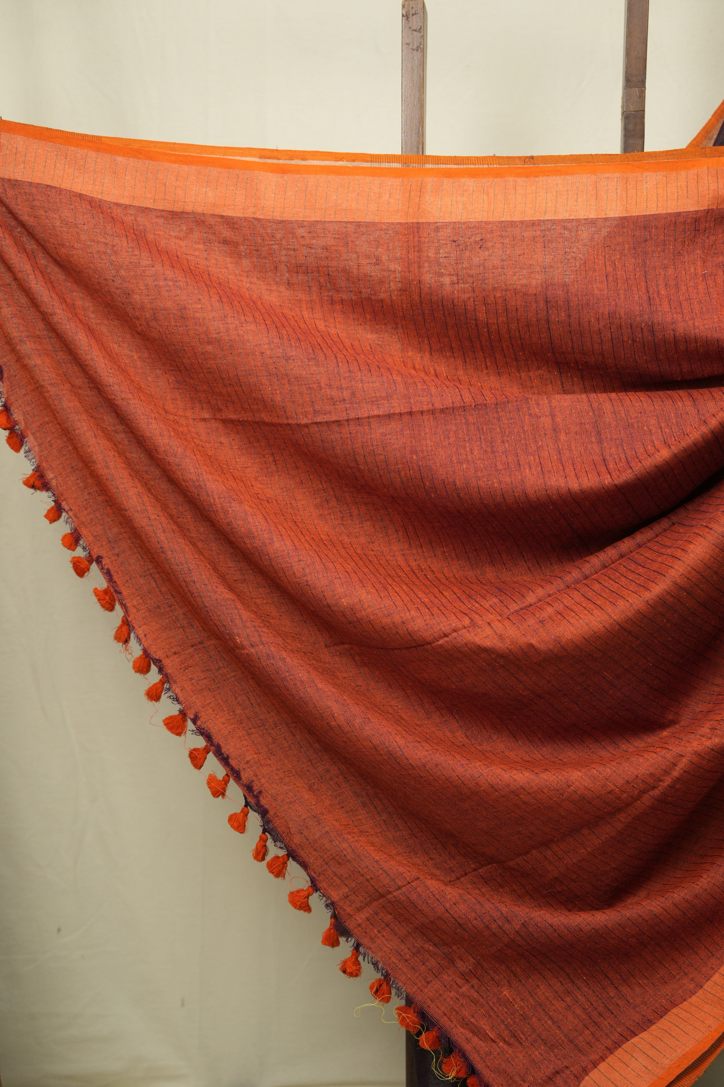 Wine Plain Linen Saree With Orange Tassels - SRWPLS525