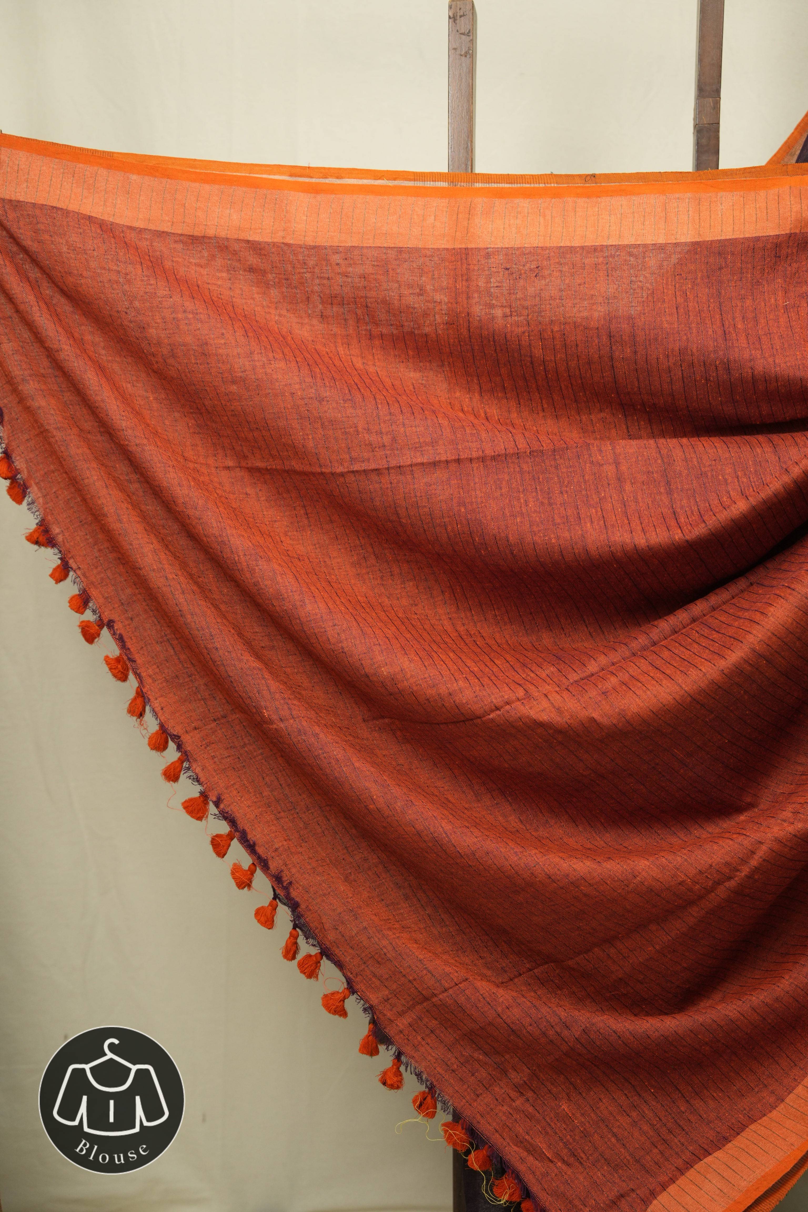 Wine Plain Linen Saree With Orange Tassels - SRWPLS525
