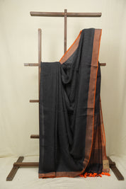 Grey Plain Linen Saree With Orange Tassels - SRGPLS524