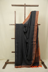Grey Plain Linen Saree With Orange Tassels - SRGPLS524