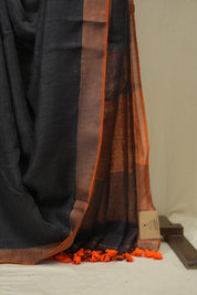 Grey Plain Linen Saree With Orange Tassels - SRGPLS524