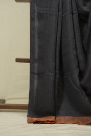 Grey Plain Linen Saree With Orange Tassels - SRGPLS524