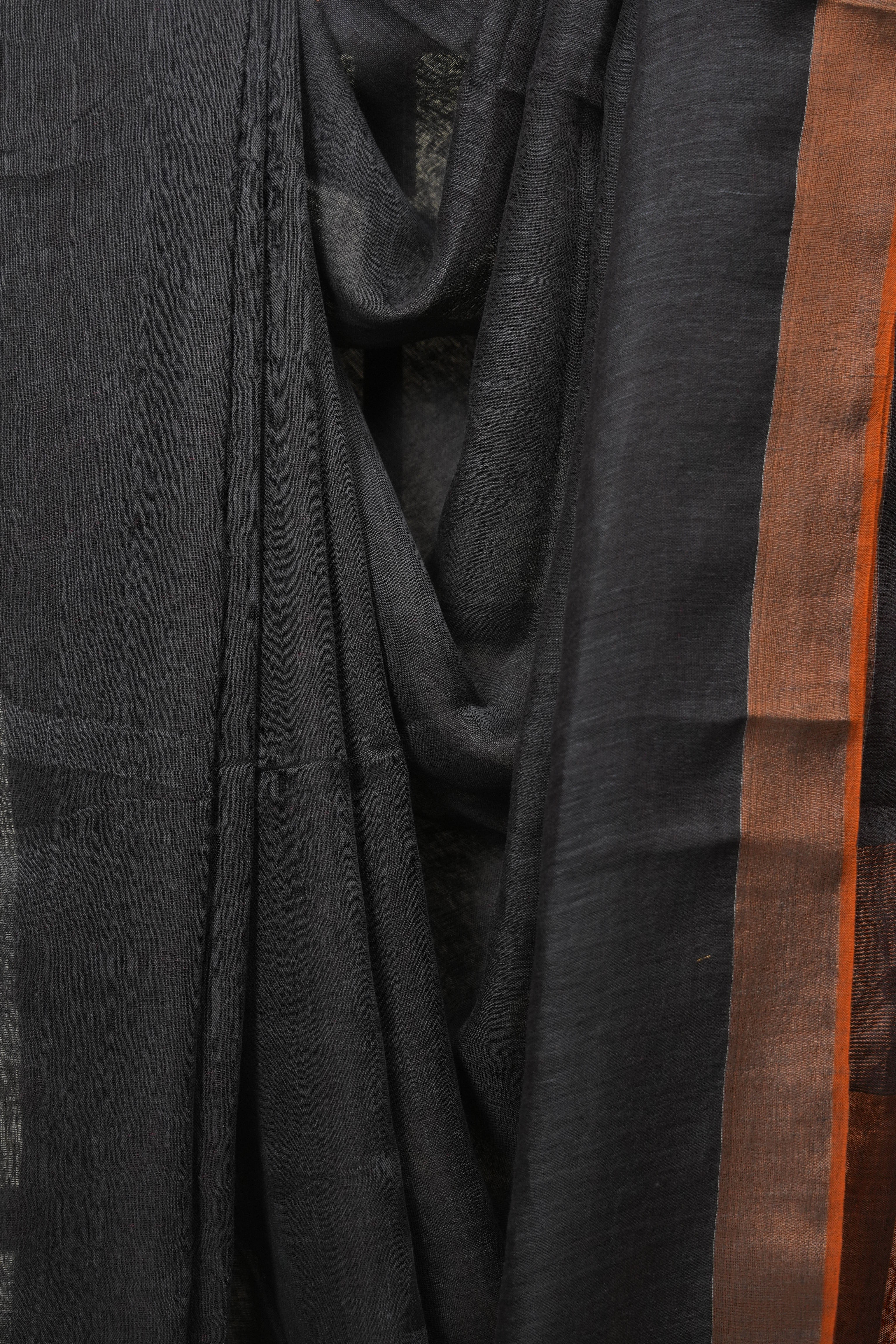 Grey Plain Linen Saree With Orange Tassels - SRGPLS524