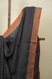 Grey Plain Linen Saree With Orange Tassels - SRGPLS524