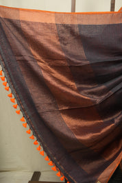 Grey Plain Linen Saree With Orange Tassels - SRGPLS524