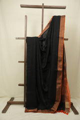 Black Plain Linen Saree With Orange Tassels - SRBPLS523