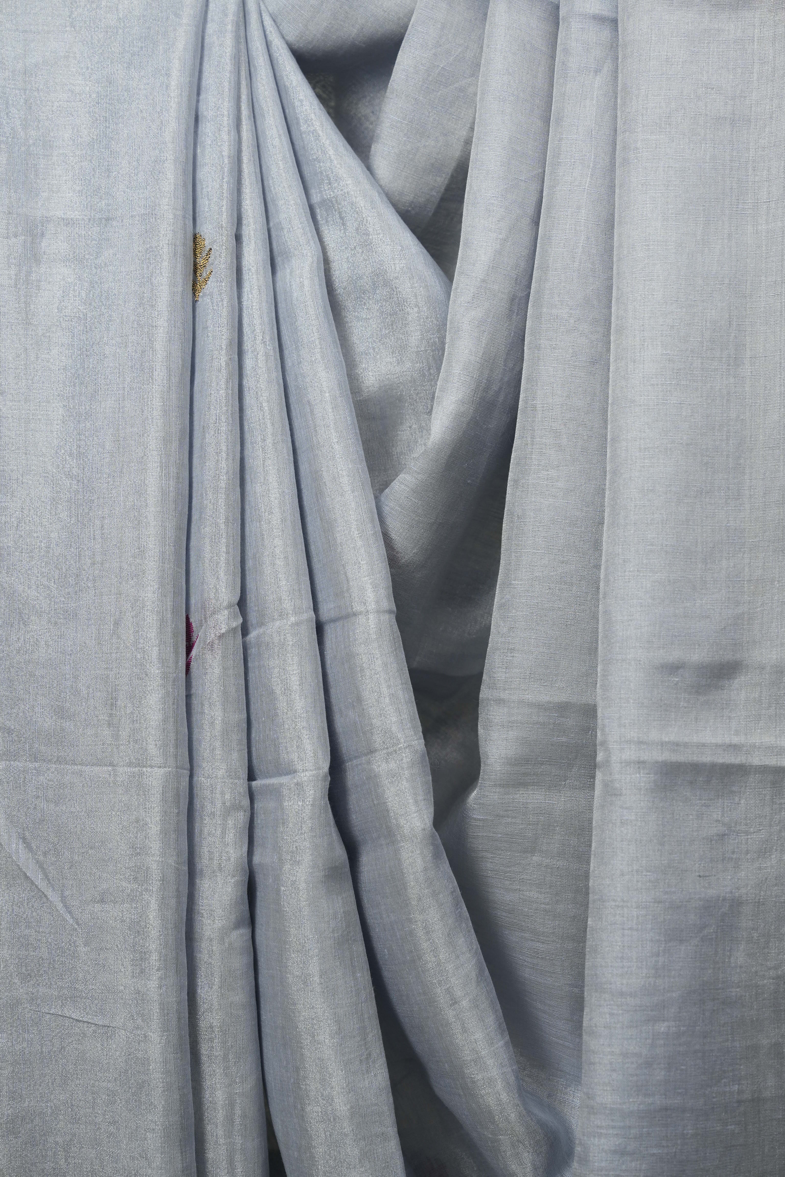 Steel Grey Tissue Linen Jamdani Saree - SRSGTLJS220