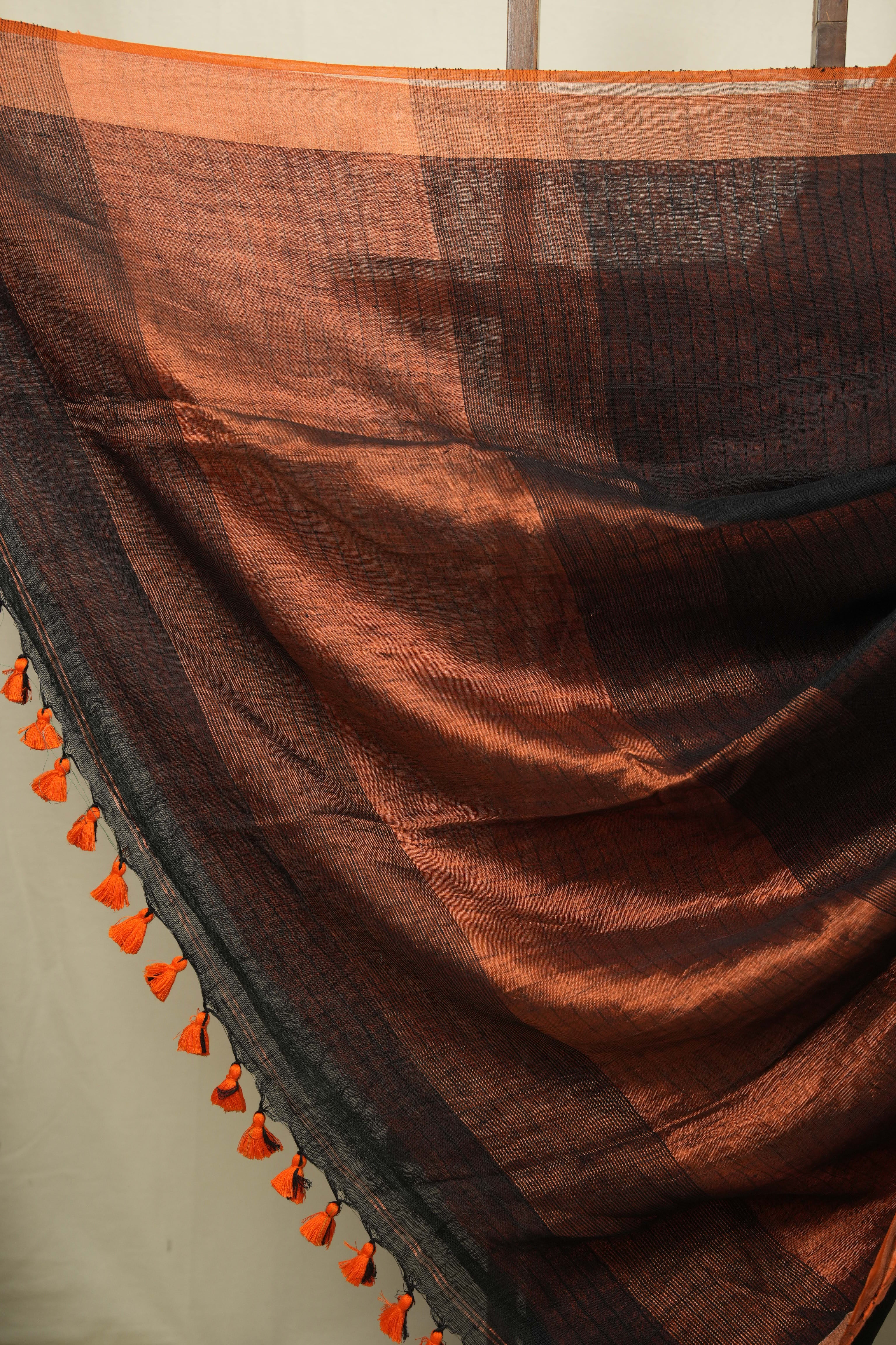 Black Plain Linen Saree With Orange Tassels - SRBPLS523
