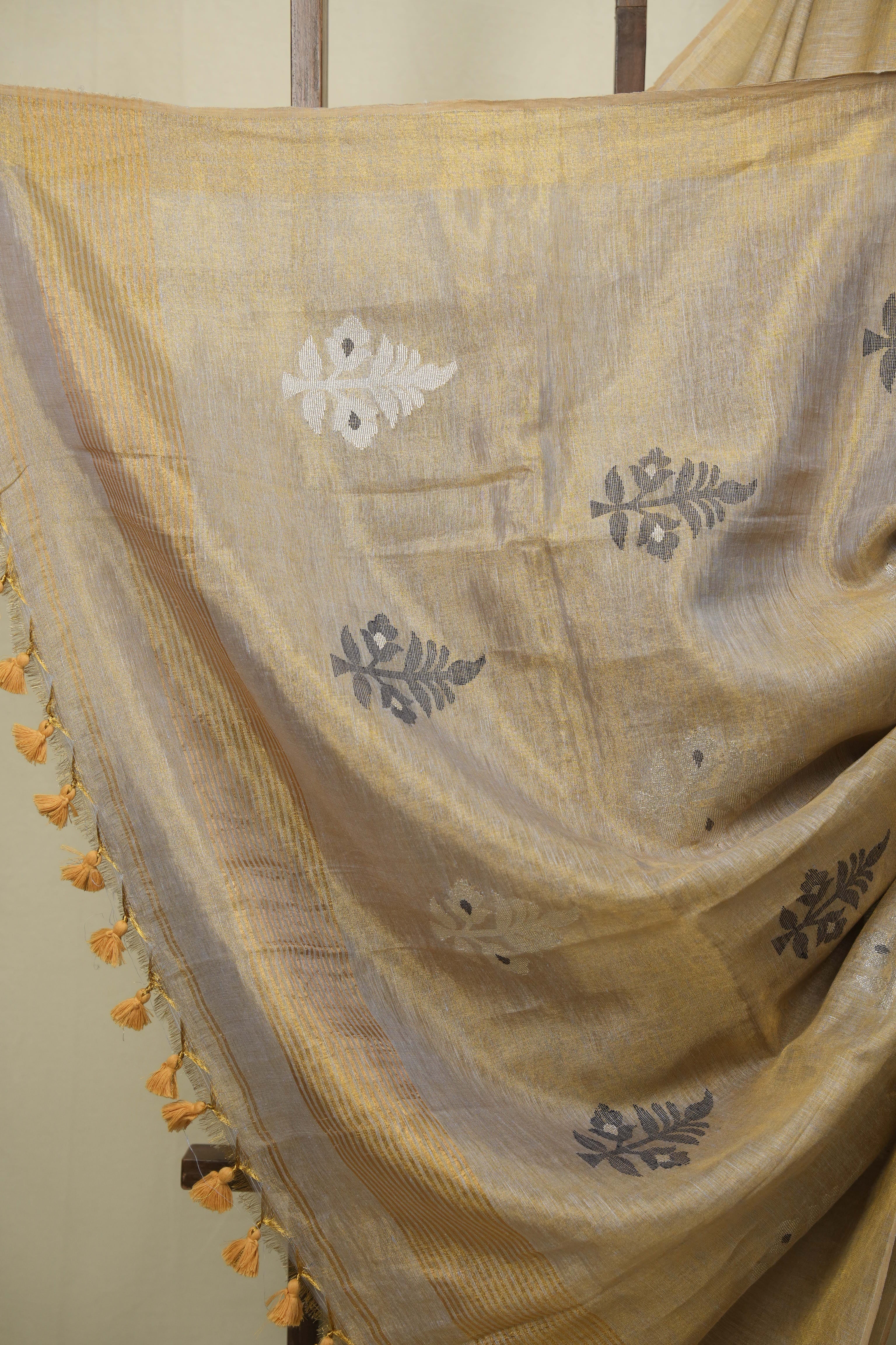 Grey Gold Tissue Linen Jamdani Saree - SRGGTLJS207